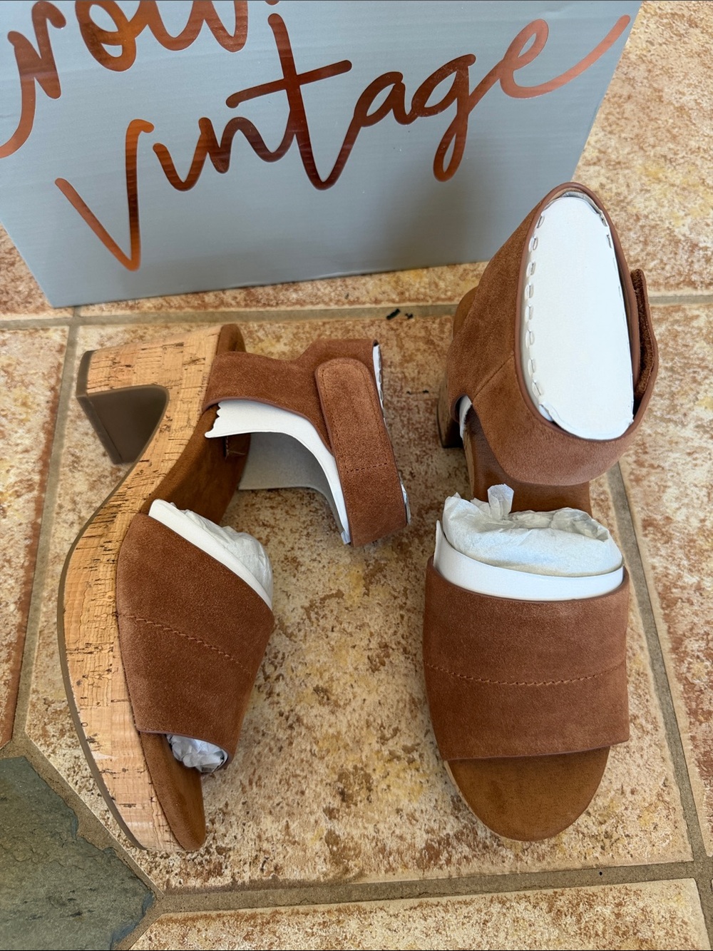 Crown Vintage Tan Suede Cork Block Heel Mules